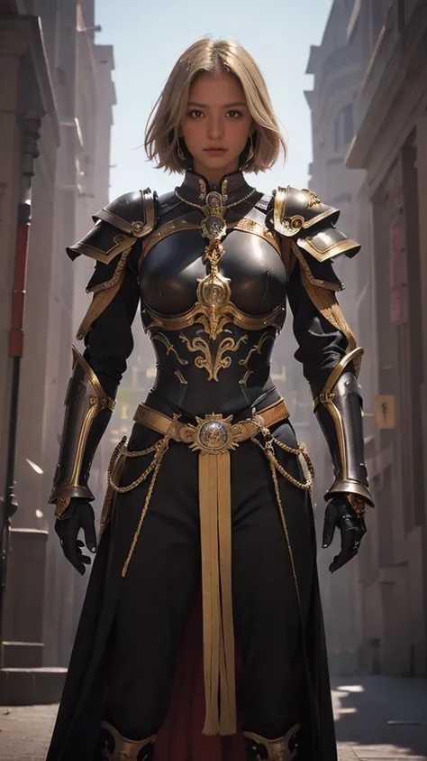 High resolution, 超High resolution, high quality, masterpiece, woman、Warrior Chief、Short blonde hair parted in the center、Muscular body、Large Breasts,Anatomically correct, ((blackと赤のマント))、((((black))D-based armor with gold attachments))、(In the background, ...