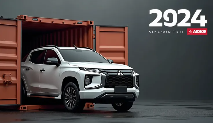 SUV Mitsubishi L200 Triton 2024 coming out of gray freight container with black blur background