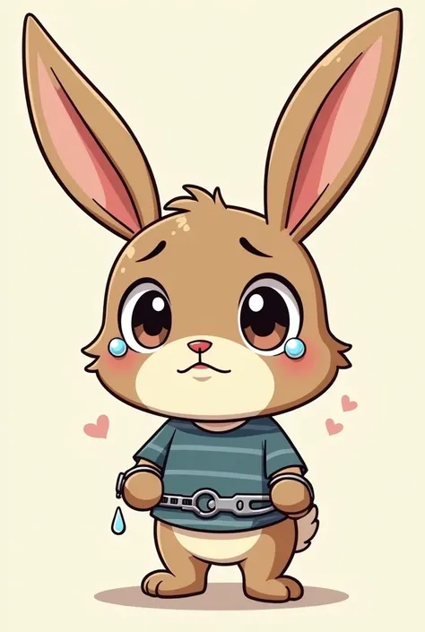 make a cartoon style bunny kid with a shirt and handcuffed crying