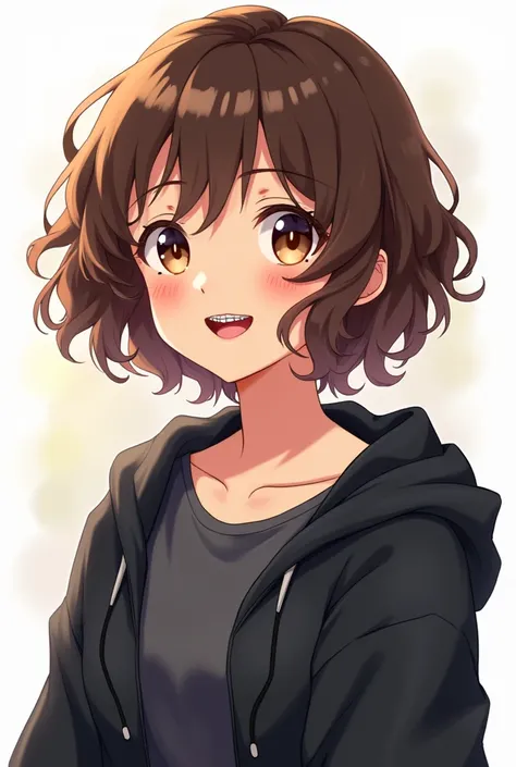 anime girl with short curly brown hair, brown eyes, and a dark gray t-shirt, with a black hoodie, wearing braces