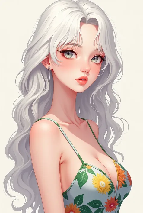 A 1 Greek female 2d character for the manhwa lookism, with white complexion; White-haired girl with long, soft curly hair; with super clear silver eyes to the point that they look white. She has a very tender and sweet face.. Your eyes are quite expressive...