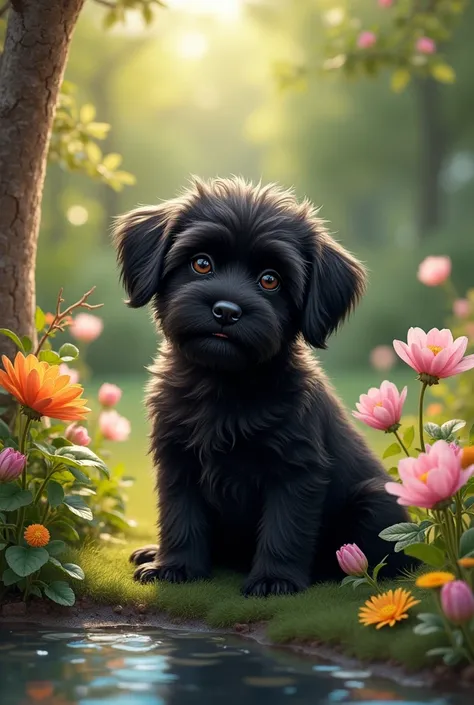 black hairy maltese puppy, tribute to the deceased in a beautiful garden 