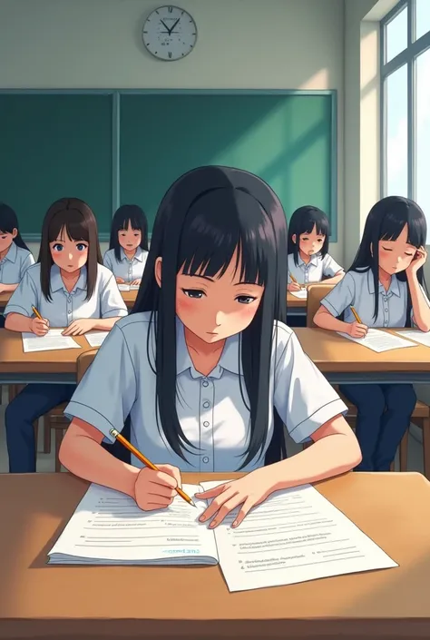 Students solving their exam without cheating (anime)
