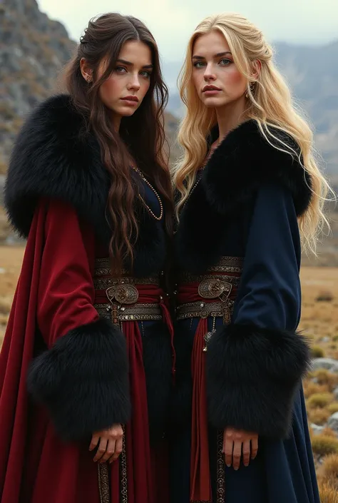 in ancient times. A brown-haired woman with brown eyes next to a blonde woman. They both wore black and red furs.. 