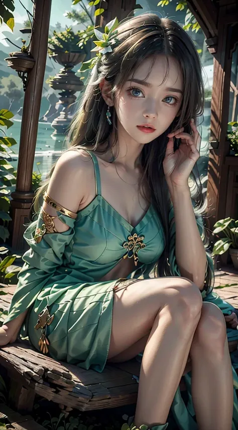 1 20-year-old girl, fairy princess, green clothes, nature clothes, nature panorama, sweet, beauty gril, twin sister.(crying), sad expresion. (Tear)