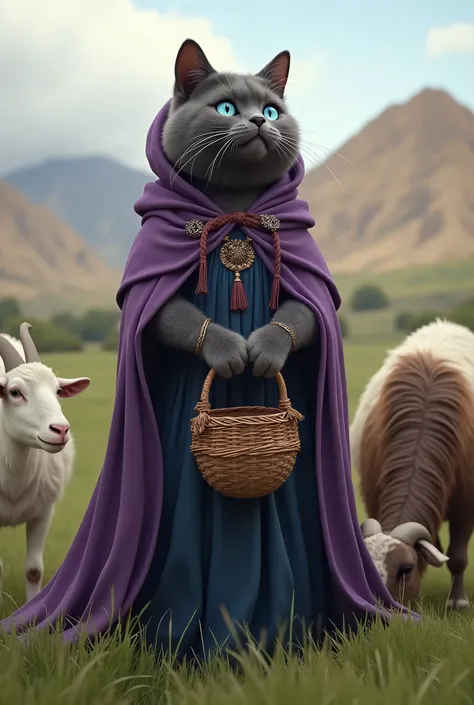 Adult dark Gray fat british shorthair humanoid female cat wearing purple gypsy hoodie long cloak and dark blue long dress inside have blue eyes wood basket in hand standing on grass field looking at sky

Black long horn furry fat black goat eating grass an...