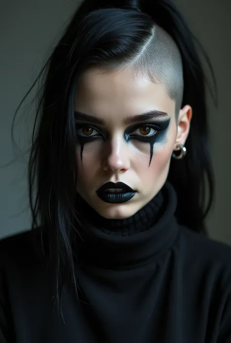 Teenage woman, shaved hair, dark brown eyes, black hair, black makeup like eyeshadows and lipstick