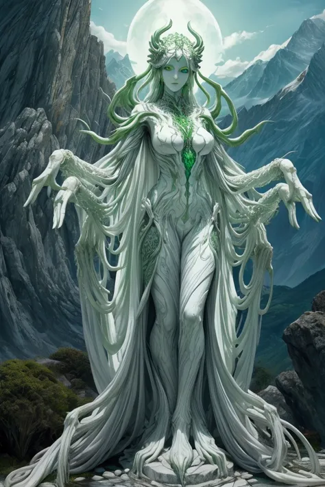 white marble woman, with 8 arms, with bright green cracks, with illuminated eyes, full body, mountain background