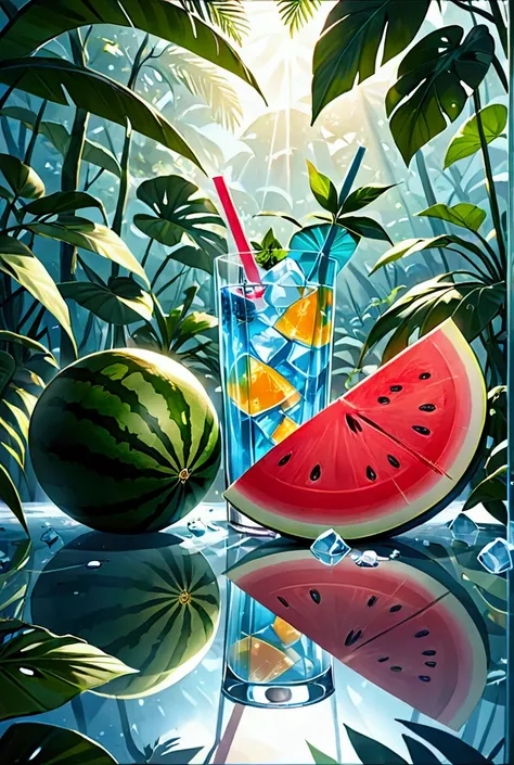 wallpapers, poster, drinks, ice cubes, watermelon, tropical plants, hot weather, hd detail, moist watermark, ultra detail, movie...