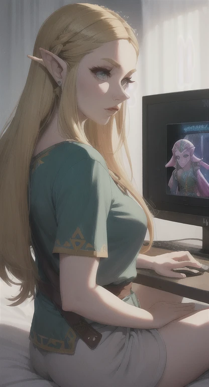 Modern Hylian, lore accurate, blonde, gamer girl, princess Zelda, looking at screen, long messy hair, modern Hyrule, Hyrule castle, her bedroom streaming,