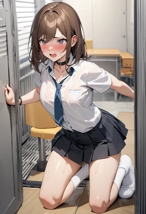 NSFW, White ribbed ankle socks Highly detailed. Build something amazing, .Black choker, Brown Hair　High school girl.Visiting a pervert detention center on a field trip.Pervert training corner.