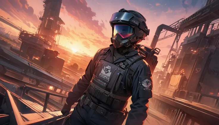 score up_9,score up_8,score up_7,source_anime,masterpiece,best quality,hyper detailed,super fine illustration,8k,police meca,industry design,dynamic angle,front view,sunset,