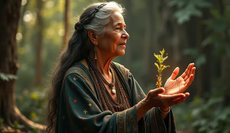 Create an ULTRA REALISTIC image of an elderly morena woman, dressed in elegant mystical attire, blessing with herbs. She has a wise and serene expression, wearing luxurious but mystical garments with intricate details, such as beads and symbols. In one han...