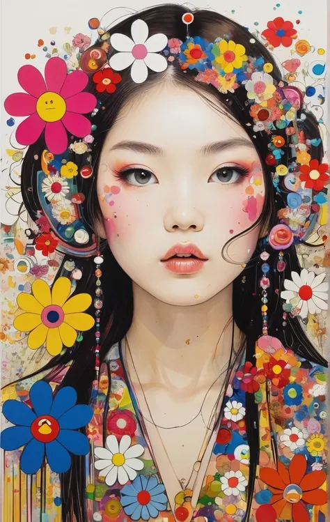 Estilo Takashi Murakami、The prettiest girl ever、passionate lips、colorful flowers、Single line initials、<xml><input>Abstract art</input></xml>、Urban context,