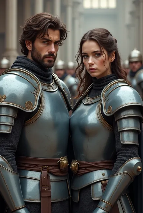 in ancient times. A brown-haired woman with brown eyes next to a brown-haired man. They both wore grey and light blue armor.. 