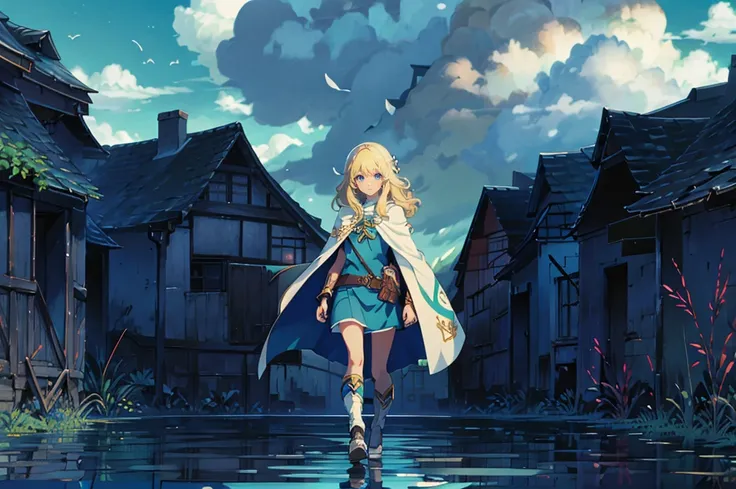 filo, (WithoutFear:1), 1 girl, blonde hair, blue eyes, white coat, light blue jeans, smile, nimble, light blue trident, blue cape, light blue mask, beach, wings, anime, standing, good quality, portrait, looking at viewer