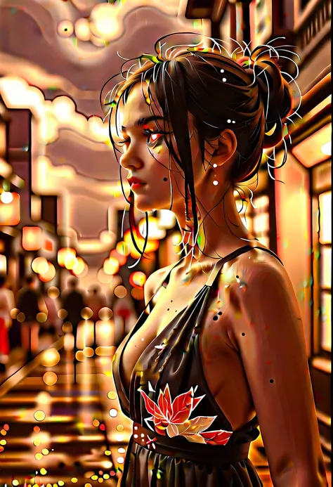 1 Japanese girl, Warframe, Complex Pattern, heavy metal, Energy Line, Faceless, Glowing Eyes, elegant, intense, Blood red and black uniform, Alone, 【Contemporary, city, Streets etc., Dark Clouds, thunderstorm, heavy rain,, Dramatic lighting,, (masterpiece:...