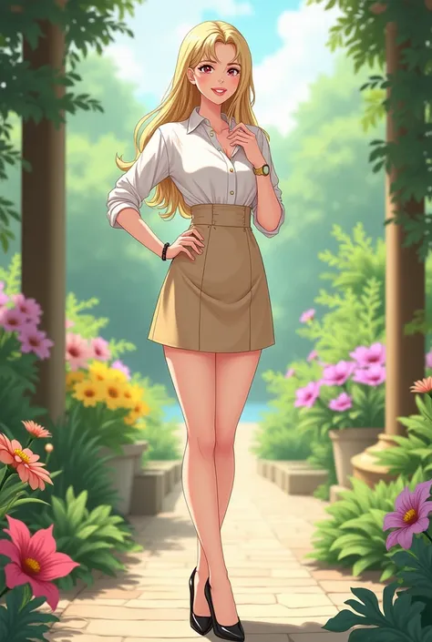 Create a 30 year old woman and 1,65m tall with long, loose blonde hair. She is wearing a white shirt and a short beige dress., that highlights your elegance and style. She wears black high heel shoes that complement her outfit., and a gold watch on his rig...