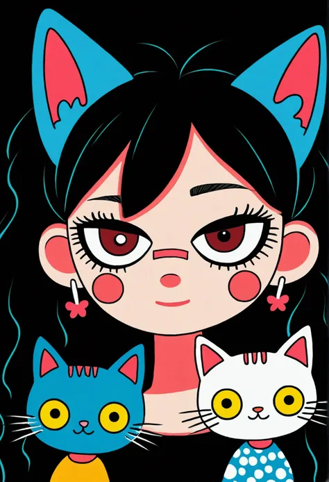 cartoon drawing of a girl with a cat mask on, monstergirl, inspired by Chiho Aoshima, girl with cat ears, inspired by Hikari Shimoda, inspired by Taro Okamoto, demon girl, portrait of a cute monster, portrait of demon girl, hylics artwork, monster girl, ho...