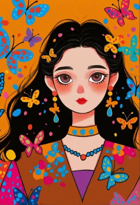 serious facial expression, long straight black hair, whimsical earrings, adorned with colorful butterflies, wearing a brown top ...