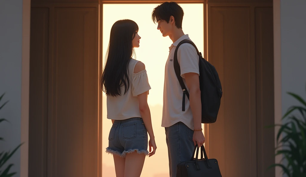 A beautiful woman with straight black hair in casual clothes looking up and a slim handsome man with straight black hair in a blue casual clothes with a bag in his hand, near a building exit. 