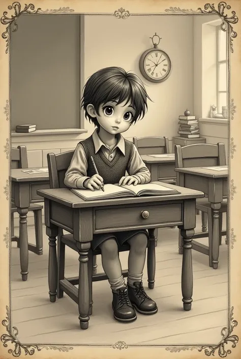 Make a vintage drawing of a young student