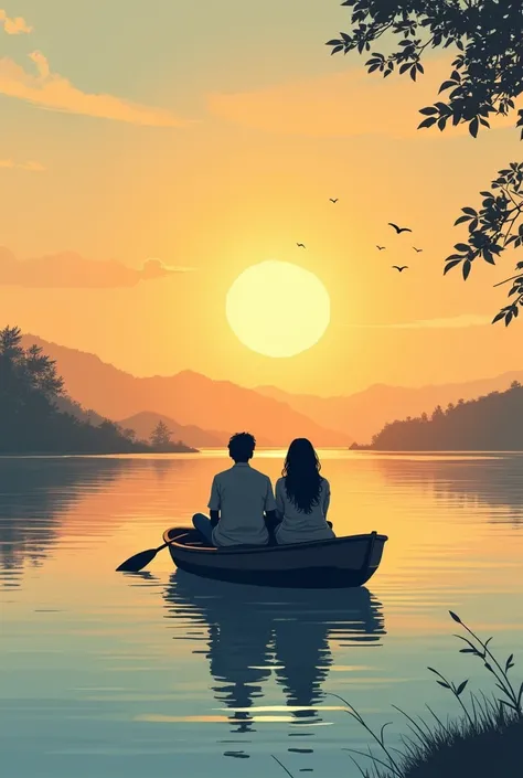 Heres the detailed image prompt for your request:

"A peaceful outline sketch of two people, Sudeep and Chitra, sitting side by side on a small boat floating on a calm lake. They are both watching a glowing sunset in the distance, with Sudeep on the left a...