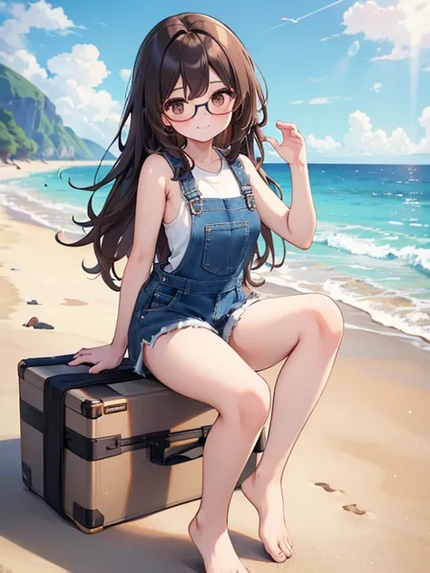 1 female、Brown hair、Brown eyes、Black frame glasses、seductive 、beautiful faces、perfect body。whole body, Best Quality、ultra detailed、8k resolution、photo and rude。Running on the beach。sleeveless shirt, barefoot, evening gown、denim shorts overalls。, a smile。sa...