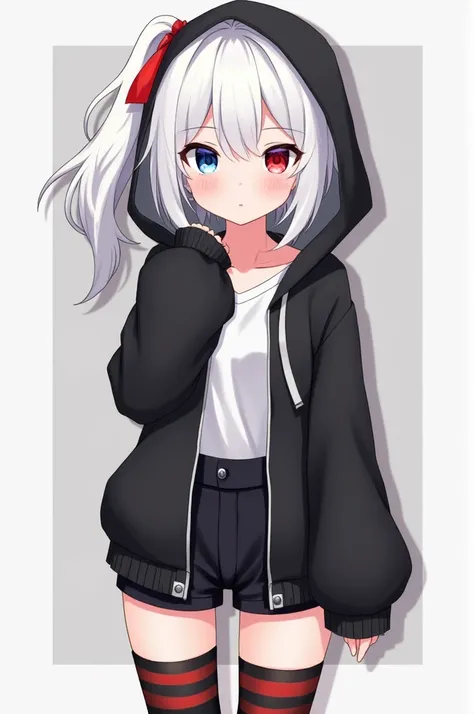 *Connie, anime girl is 1,55, white hair with gray gradient, Front strands longer than those in the back, back in a long ponytail with a red bow , fringe covering his forehead, white and soft skin, eyes of different colors, The left one is blue with a light...