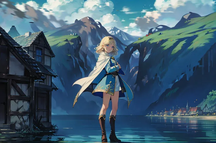 filo, (WithoutFear:1), 1 girl, blonde hair, blue eyes, white coat, light blue jeans, smile, nimble, light blue trident, blue cape, light blue mask, beach, wings, anime, standing, good quality, portrait, looking at viewer