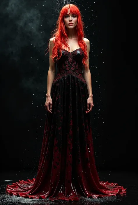 redhead woman,with a full dress with red details,wet with water, black with lightning details,and thunder,full and big dress,full body,Black background 