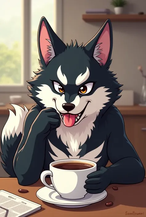 Venom inu cartoon drinking coffee