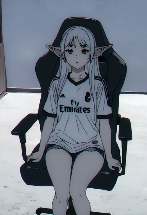 (best qualityer, work of art),sexually,  erotic, 18+, NSFW, 1 girl, 1 , dressed in the Real Madrid shirt, elf ear , 4k image quality , standing, straight posture , short shorts ,  sitting in the games chair , Using the computer 