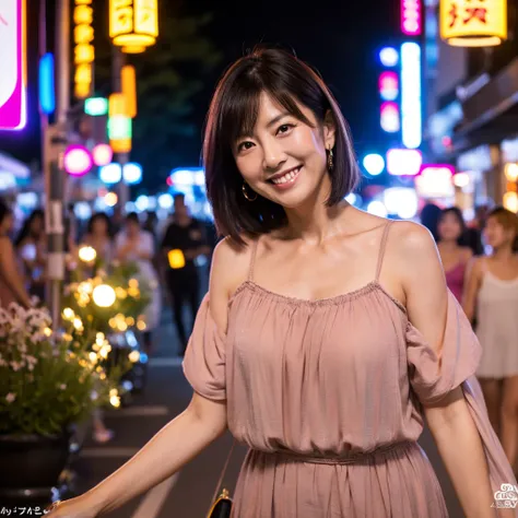 (Top quality, 8k, 32k, masterpiece), professional lighting, Japanese mature woman with heavy makeup, large chest,summer fashion, 1 person, beautiful aunt, 45years old,smile,at the night street snap
