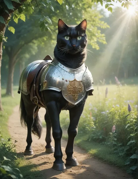 A ((cat-woman, beautiful, black fur, persian)), looking at viewer, detailed fur, wearing a detailed medieval knight steel battle armor, riding a battle horse, god rays, battle field lots of details