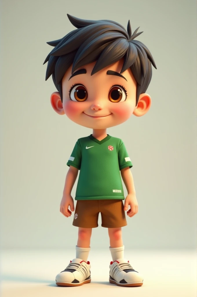 Cute animated pixar boy with green uniform brown shorts brown eyes short black hair white shoes with soccer balls, bottomless