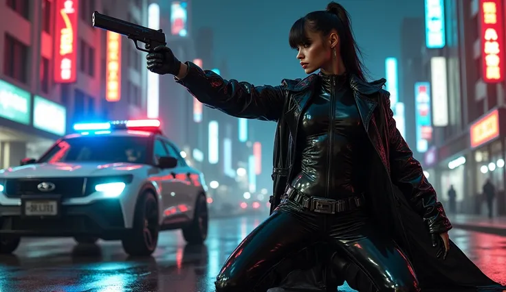 realistic photo , cyberpunk woman shooting gun , wearing black shinny pvc catsuit , shinny pvc rain coat , wearing shinny pvc thigh high boots , in cyberpunk street at night with cyberpunk police car