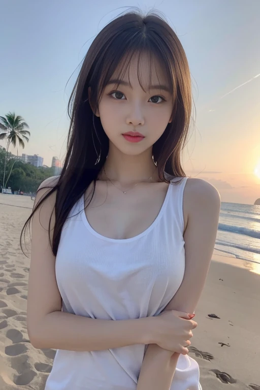 8K, Ultra-high resolution, Best quality, masterpiece, Surrealism, photo, 1 girl,pretty girl, Cute face, beach,Perfect body,Soft Light,Tight Fit,Tank top,whole body,Small chest,Sexy,