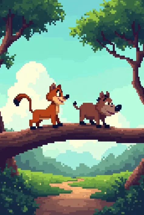 recreate a simple pixel art of the lion king scene with timon and pumbaa walking on top of the log