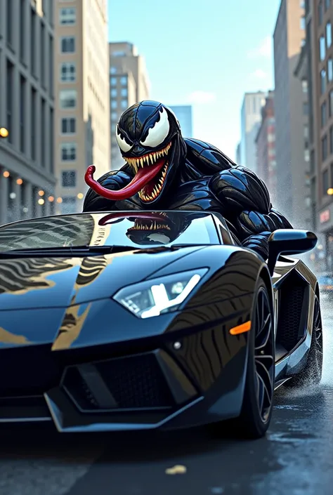 Venom character cartoon driving a black Lamborghini 