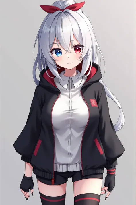 *Connie, anime girl is 1,55, white hair with gray gradient, Front strands longer than those in the back, back in a long hair ponytail, with a red bow , fringe covering his forehead, white and soft skin, eyes of different colors, The left one is blue with a...