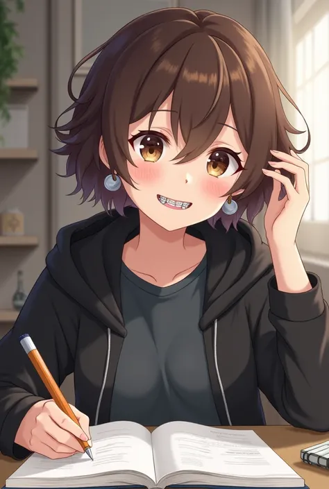 anime girl with short curly brown hair, brown eyes, and a dark gray t-shirt, with a black hoodie, wearing braces, while doing homework, and as a gray circle earrings