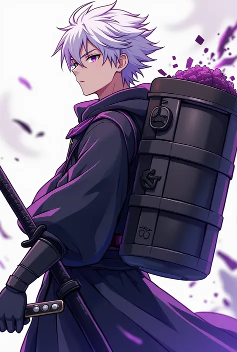 create in anime style a young man with white hair and purple highlights, purple eyes, carries on his back a large container with earth inside, he uses a sword, somewhat strong physical build, he wears it with a samurai style outfit, This outfit has a predo...