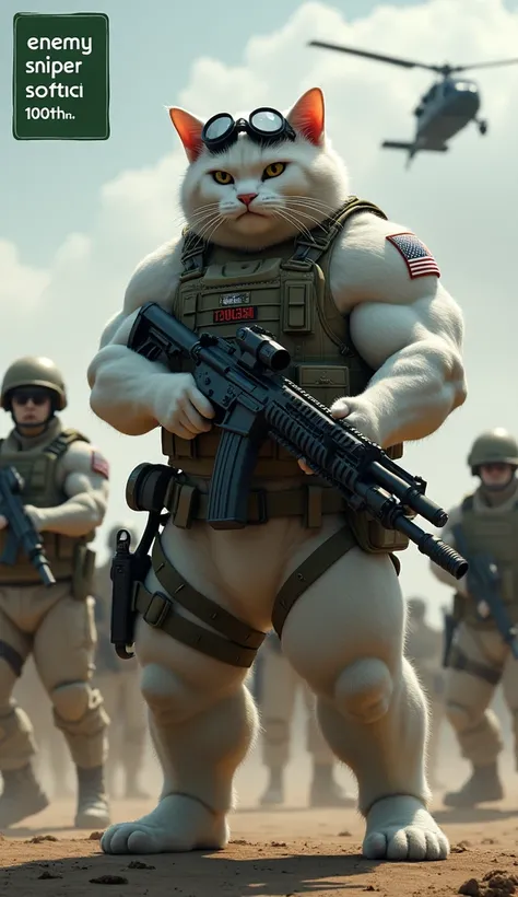 At the center is a heavily muscular white cat wearing military gear, including a tactical vest with an American flag patch. The cat is equipped with a helmet featuring a night vision device, and a communication headset with a microphone extending from the ...