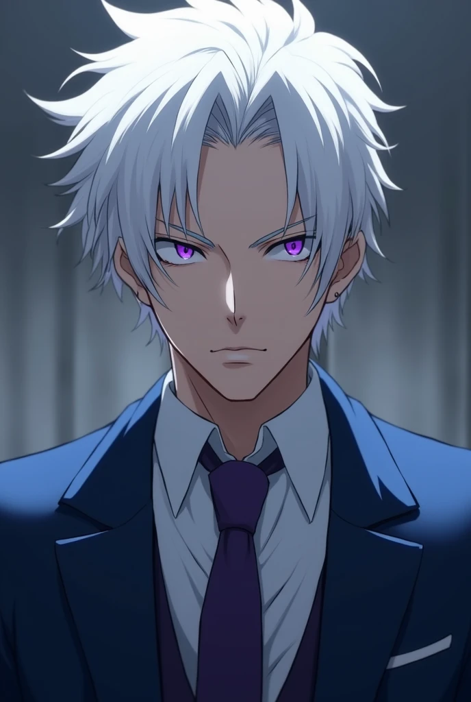 An anime character who looks like a man and has white hair and purple eyes in a blue suit 