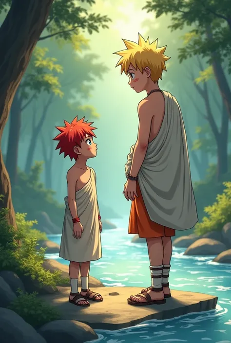 "It depicts Naruto Uzumaki as a 1 boy in anime style, teaching his younger brother, Menma, by example. Naruto has short, spiky blond hair, and electric blue eyes. He wears a traditional ancient Greek outfit: a simple cloth skirt tied at the waist, with a b...