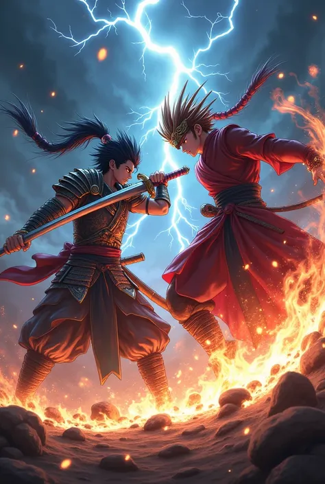 Create a YouTube cover image inspired by Tenkaichi: Nihon Saikyou Bugeisha Ketteisen, focusing on two iconic characters from the series in an intense, high-stakes battle. One character wields a divine sword, symbolizing unmatched mastery in swordsmanship, ...