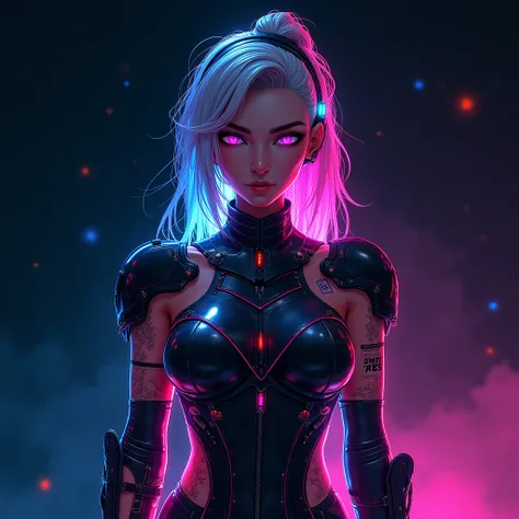 Complex Cyberpunk Girl, Neon body modification and styling, Armored bodysuit, Create a lively atmosphere, The background is space, Frontal shots, real photo, Vivid picture quality, Actual photo, The gaze is directed at me.