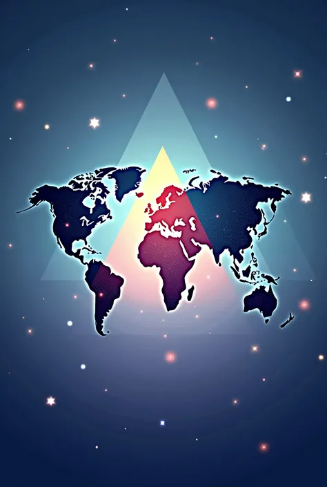 Create a world map with triangles in the middle, surrounded by stars and dots, and blue and pink colors with light tones