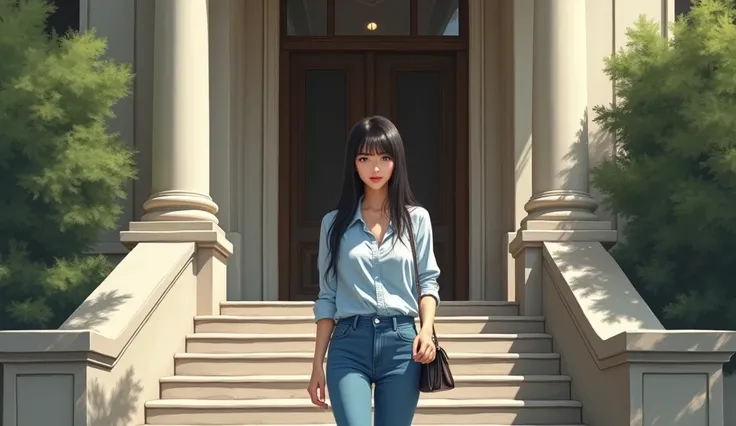 a beautiful woman with straight black hair walking down the stairs of a building wearing casual blue clothes and a small bag in her hand. design